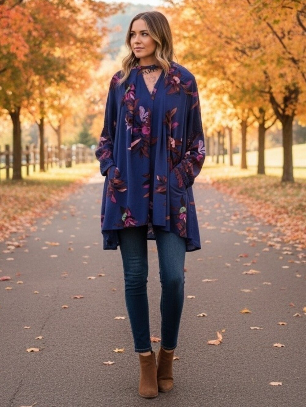 Free People Tree Swing Boho Navy Floral Long Tunic Top W Pockets Medium